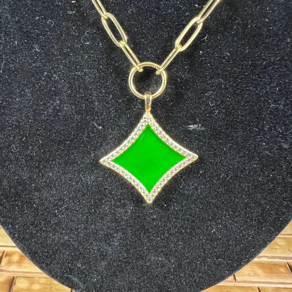 Gold Chain Necklace With Green Diamond-Shaped Pendant & Rhinestones - Picture 2 of 2